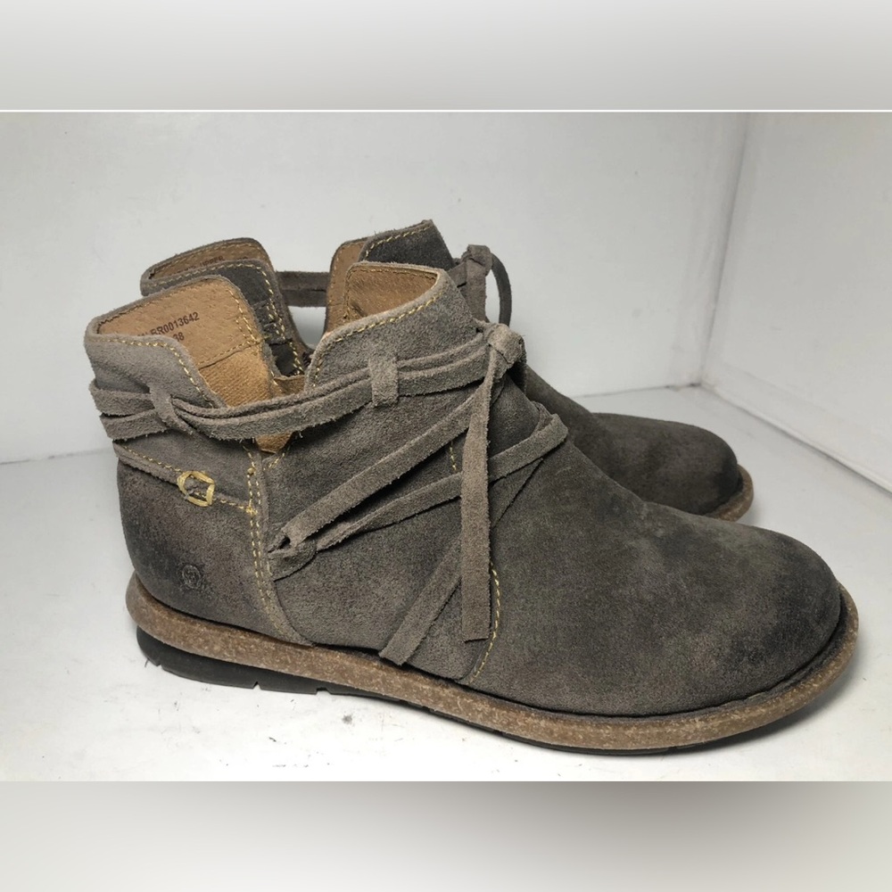 Born Tarkiln Suede Ankle Bootie Gray Zip Leather Wrap Laces Women’s Size 8